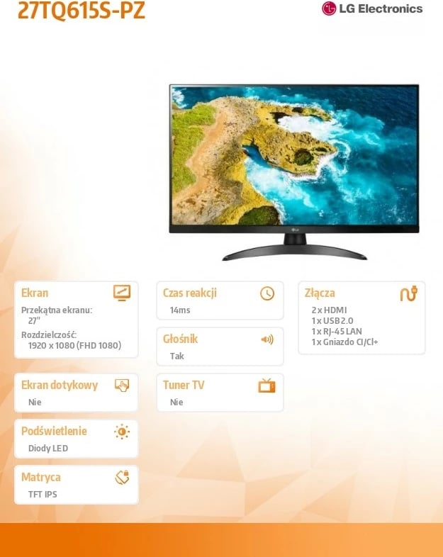Monitor LG 27TQ615S-PZ, 27", IPS, FHD, Smart, WiFi, Bluetooth, i zi