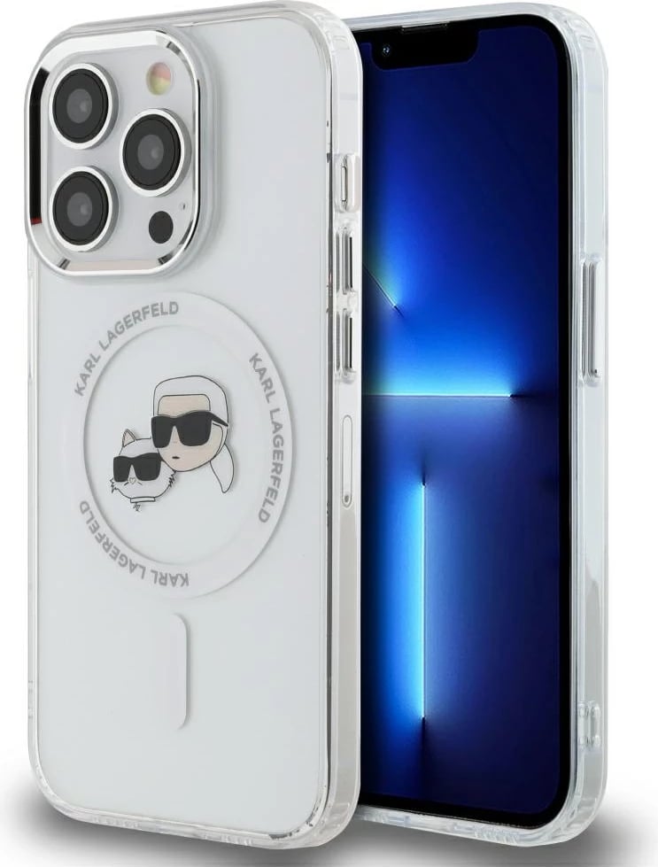 Mbështjellës Karl Lagerfeld IML Metal Karl & Choupette Head MagSafe për iPhone 14 Pro, Bardhë