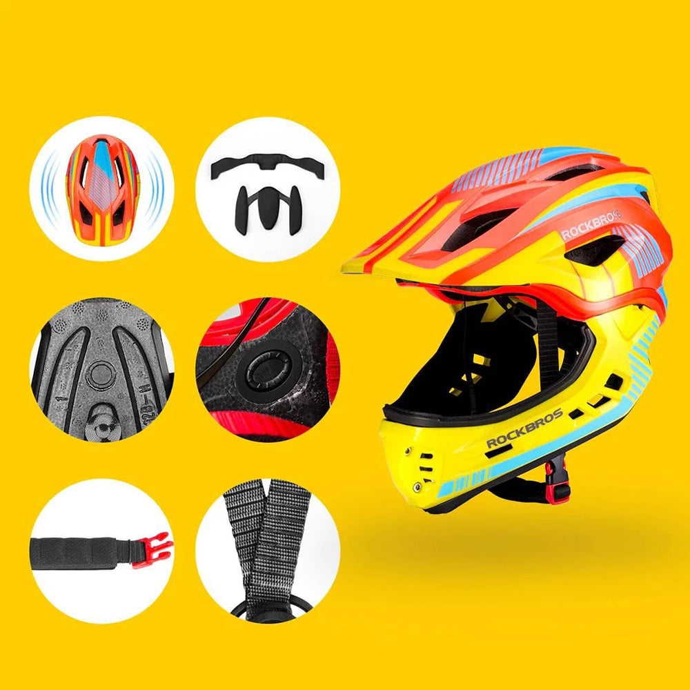 Helmetë biçiklete për fëmijë Rockbros TT-32SOYB-S me mbrojtëse të nofullës, S, verdhë-portokalli
