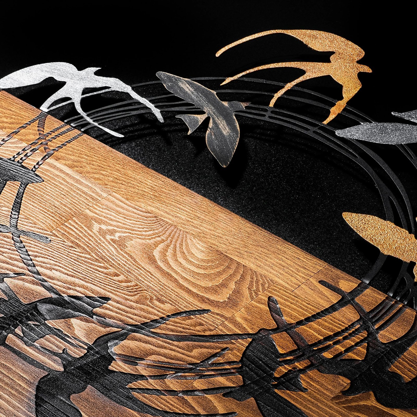 Aksesor dekorativ muri prej druri, Spiral Birds 2, ngjyrë arre dhe e zezë, Wallity, 58x58cm