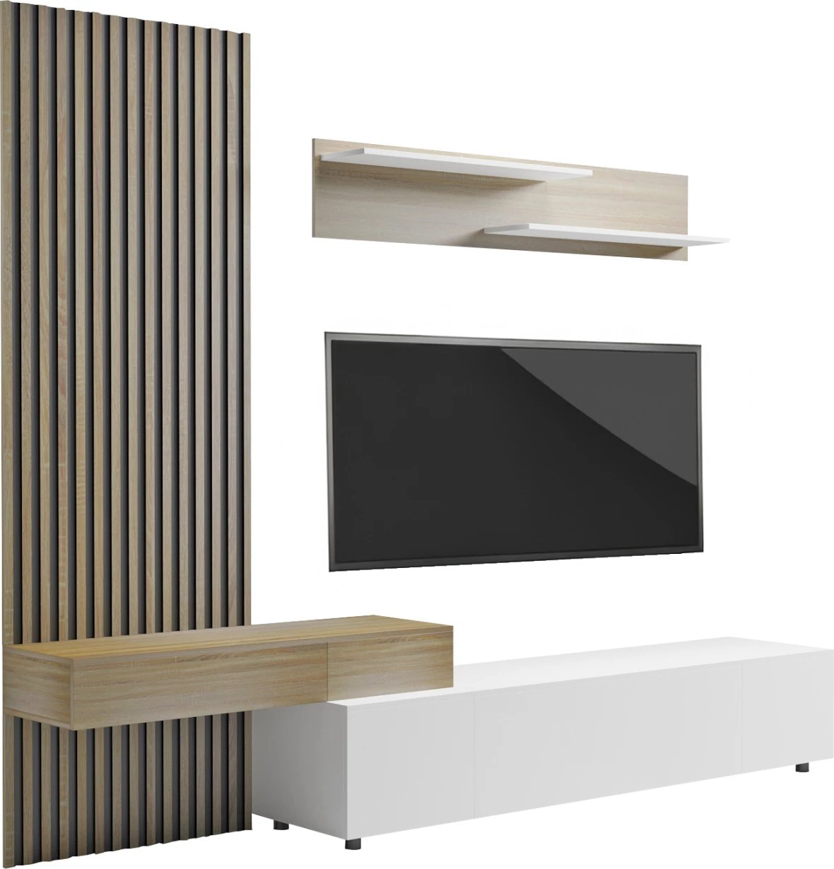 Kompleti i mobiljeve për TV DORT FH18076.01 melaminë, sonama-bardhë, 249.5x42.2x199.5H cm