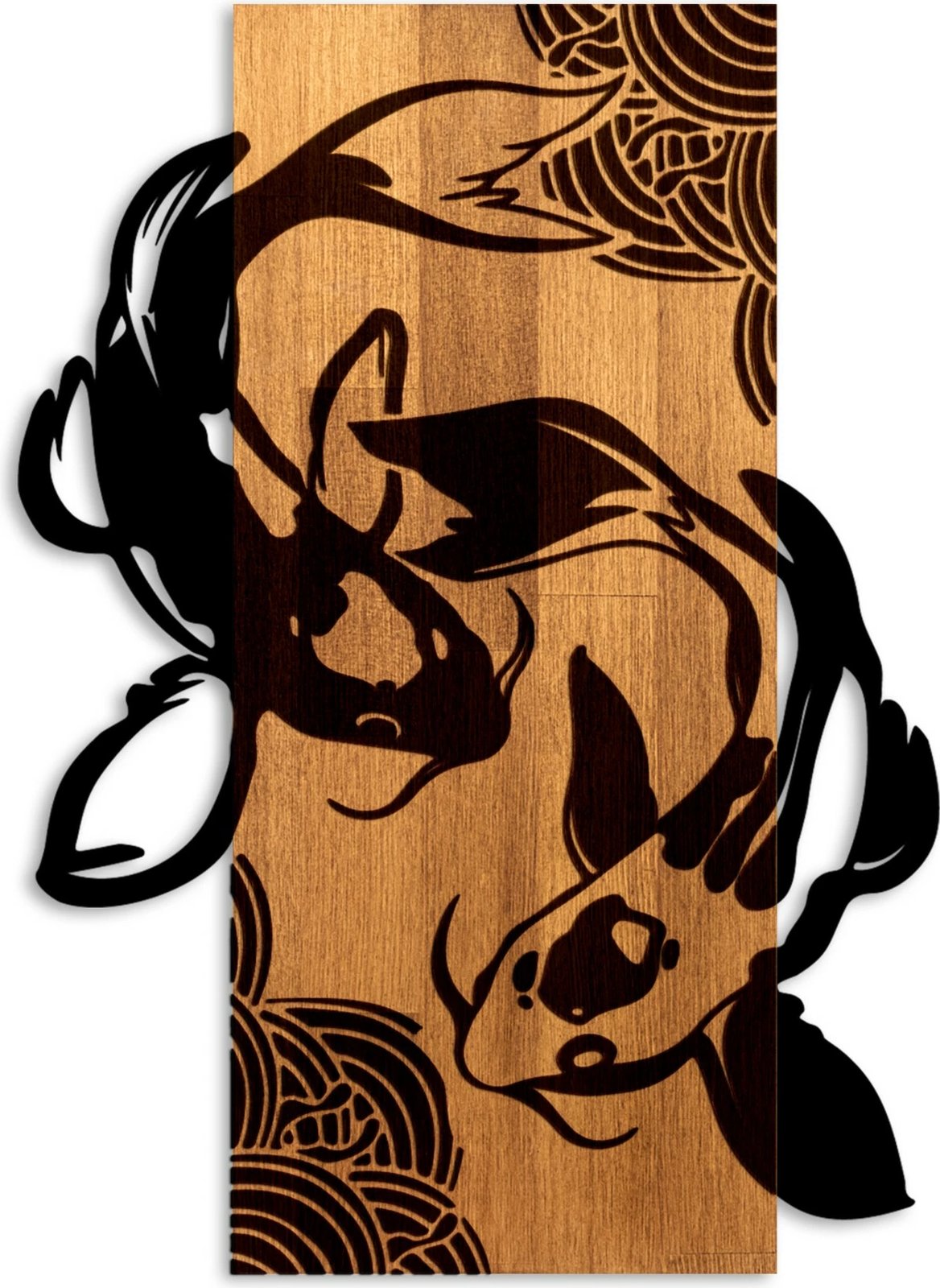 Aksesor dekorativ për mur, dru dhe metal, Wallity, Fish Yang, ngjyrë arre dhe e zezë