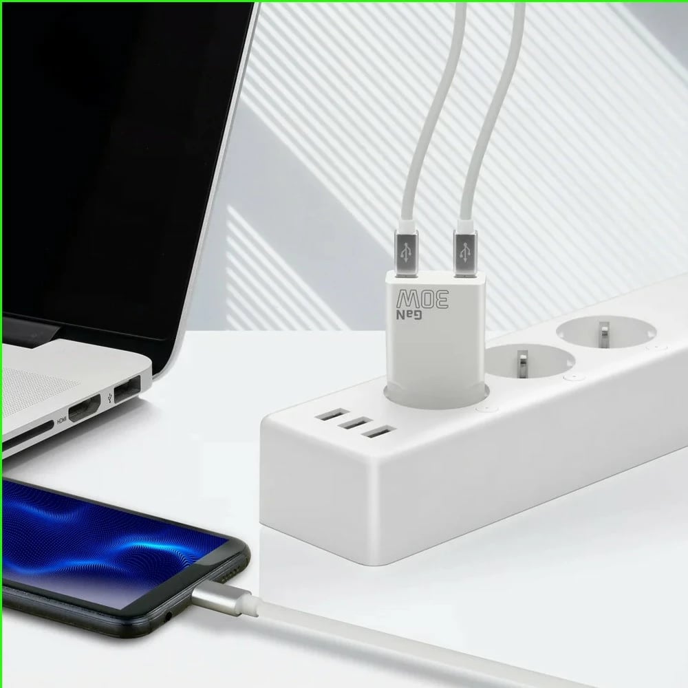 Adapter karikues muri, everActive, SC-385Q, GaN PD 30W, 2x USB-C, super slim, bardhë