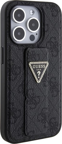 Mbështjellës Guess Grip Stand 4G Triangle Strass për iPhone 15 Pro Max, i zi