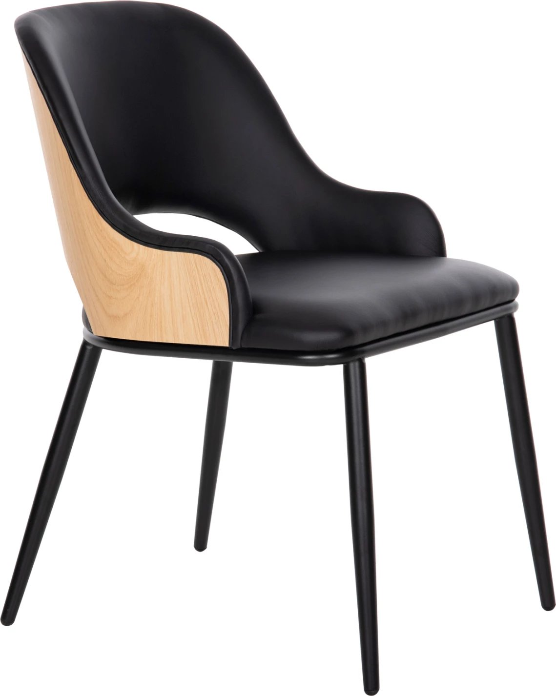 Karrige ngrënieje DELF FH9617.01 PU e zezë-këmbë metali të zeza-shpinë druri natyrale 48x55x76H cm., set prej 2 copë