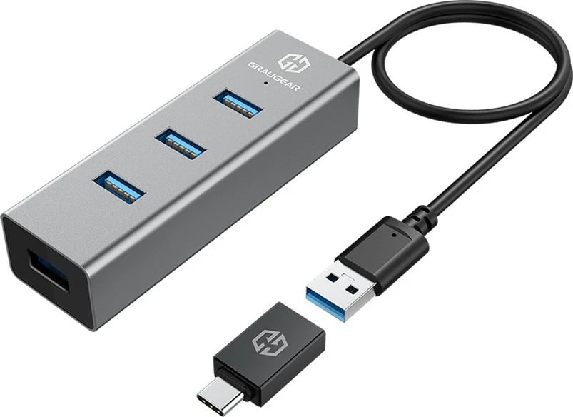 USB hub GrauGear 4 porte USB 3.0, alumini, me adapter Type-C, 0.25m, zi/alumini
