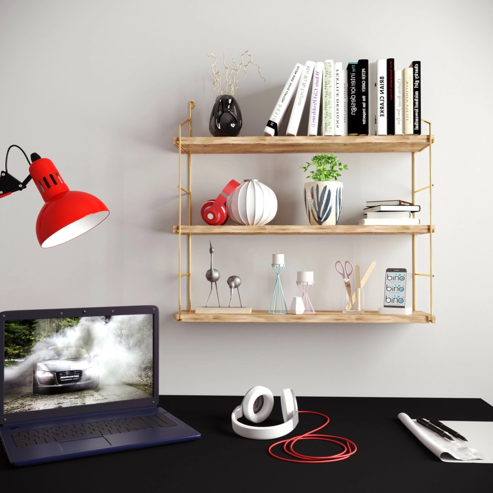 Raft muri Hanah Home, 3 pjesë, ngjyrë ari dhe kafe, 60x16x62 cm