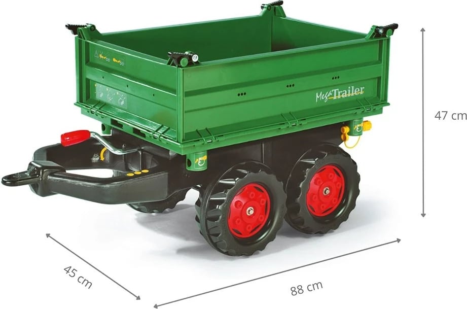 rimorkio lodër dy-akshe për traktor me pedale, Rolly Toys Mega Trailer, mekanizëm shfryrje/tipping, 88x47x45 cm, jeshile