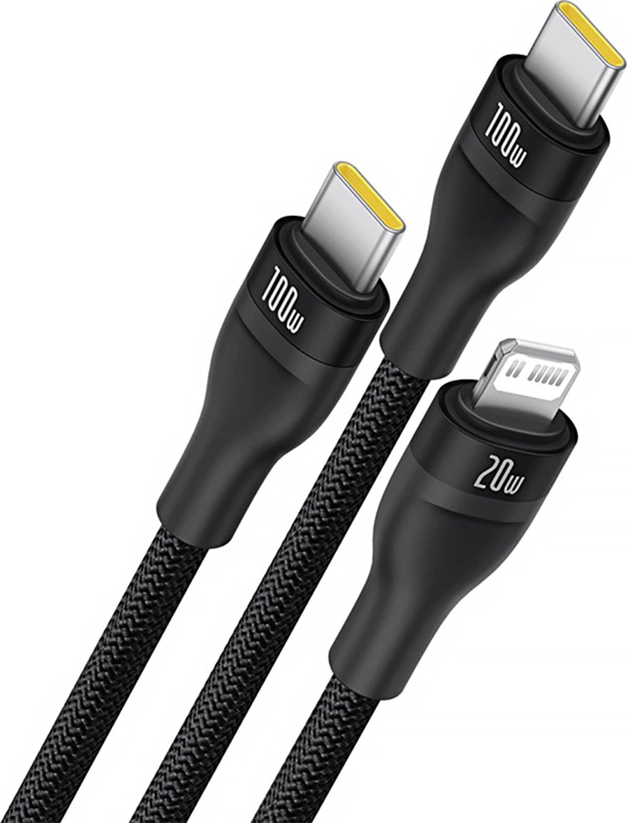 Kabllo 3-në-1 Baseus Flash Series 3, 100W, USB-C në USB-C+USB-C+Lightning, 1.5m, e zezë Kabllo 3-në-1 Baseus Flash Series 3, 100W, USB-C në USB-C+USB-C+Lightning, 1.5m, e zezë