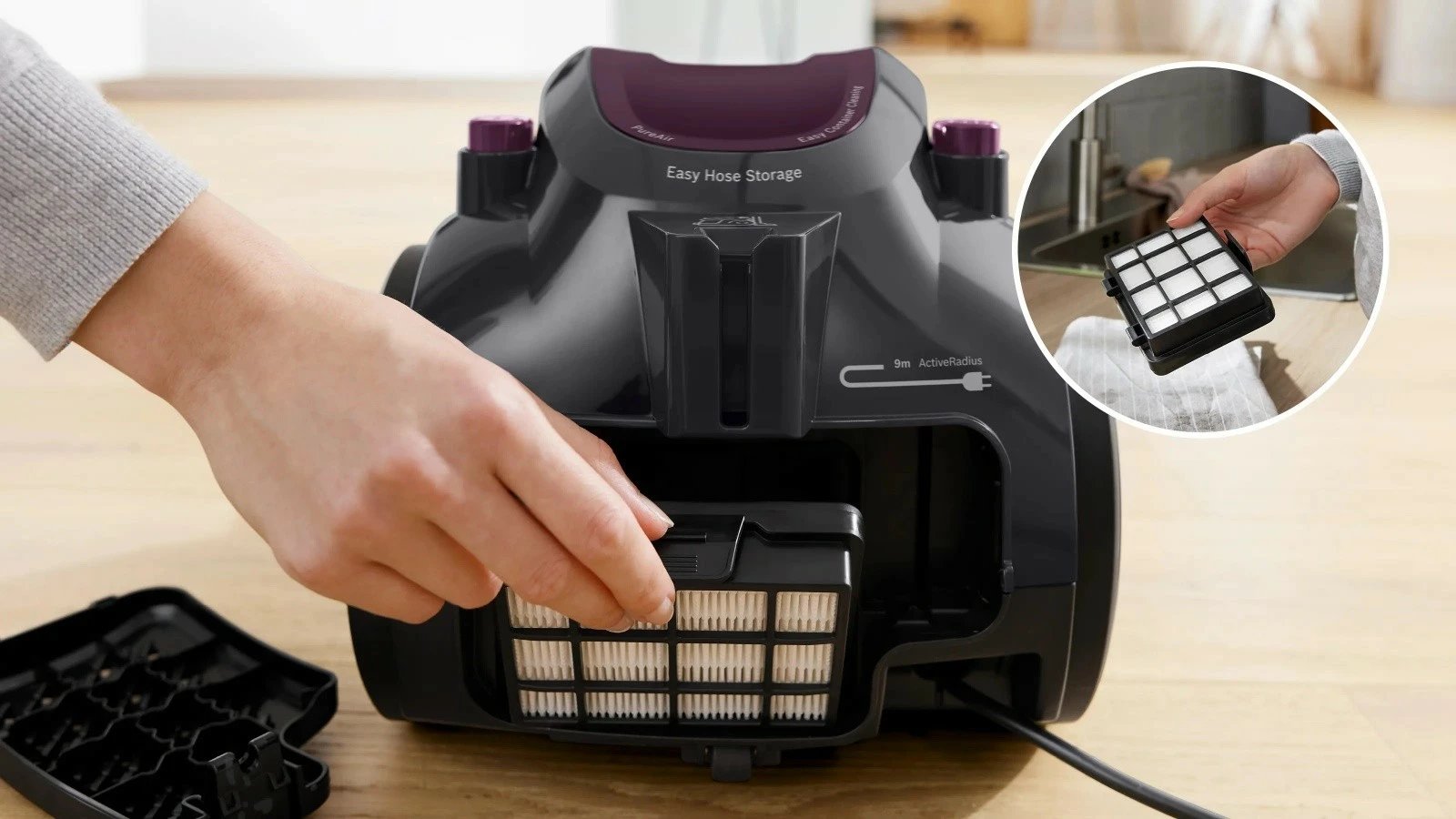 Fshesë me korrent pa qese, Bosch BGC05AAA1, rreze 9 m, filtër PureAir i larshëm, 78 dB, e zezë/vjollcë