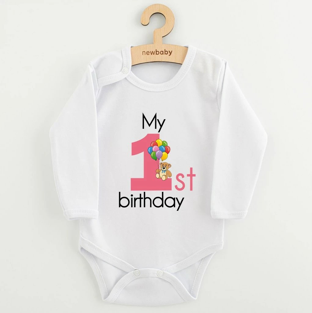 bodi bebe, NEW BABY, My First Birthday, 100% pambuk, gjatëmanga, madhësia 80 (9-12m), rozë