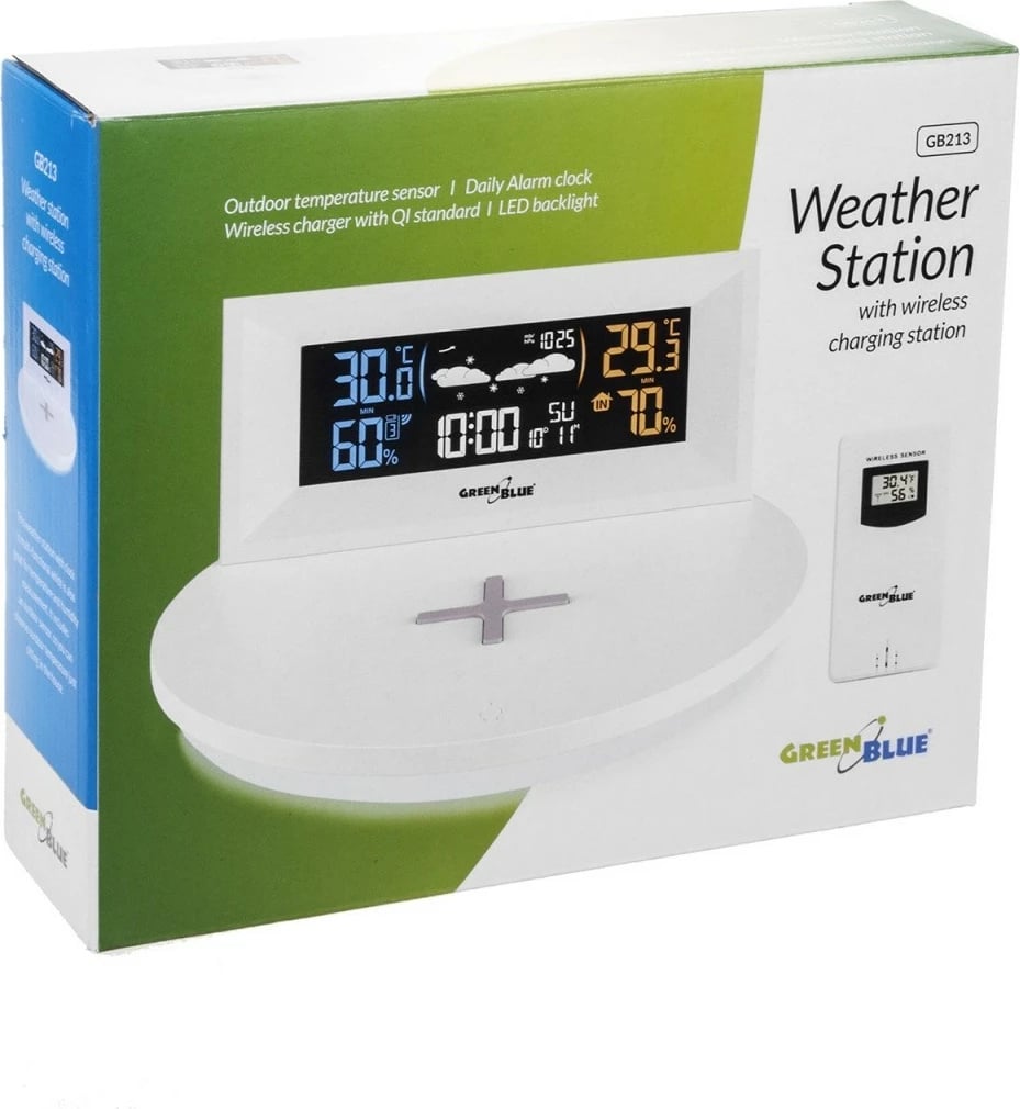Stacion moti pa tela me karikues Qi, GreenBlue GB213, ekran LCD me ngjyra, sensor i jashtëm 60 m, portë USB, i bardhë