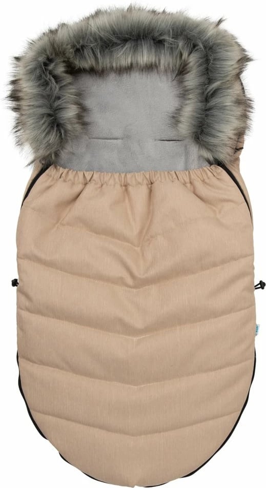 Thes gjumi për karrocë, New Baby, 90x49 cm, i papërshkueshëm nga uji dhe era, kapuç me lesh sintetik, bezhë