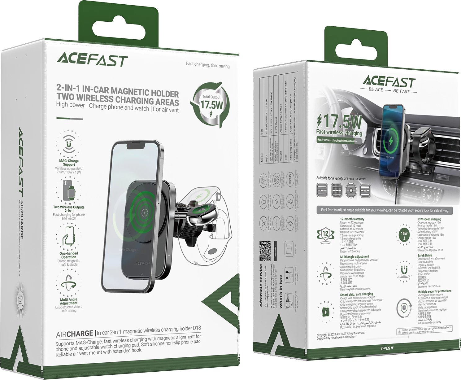 Mbajtës magnetik për veturë me karikues wireless Acefast D18, 15W, MagSafe/Qi, me kabllo USB-A në USB-C, zi