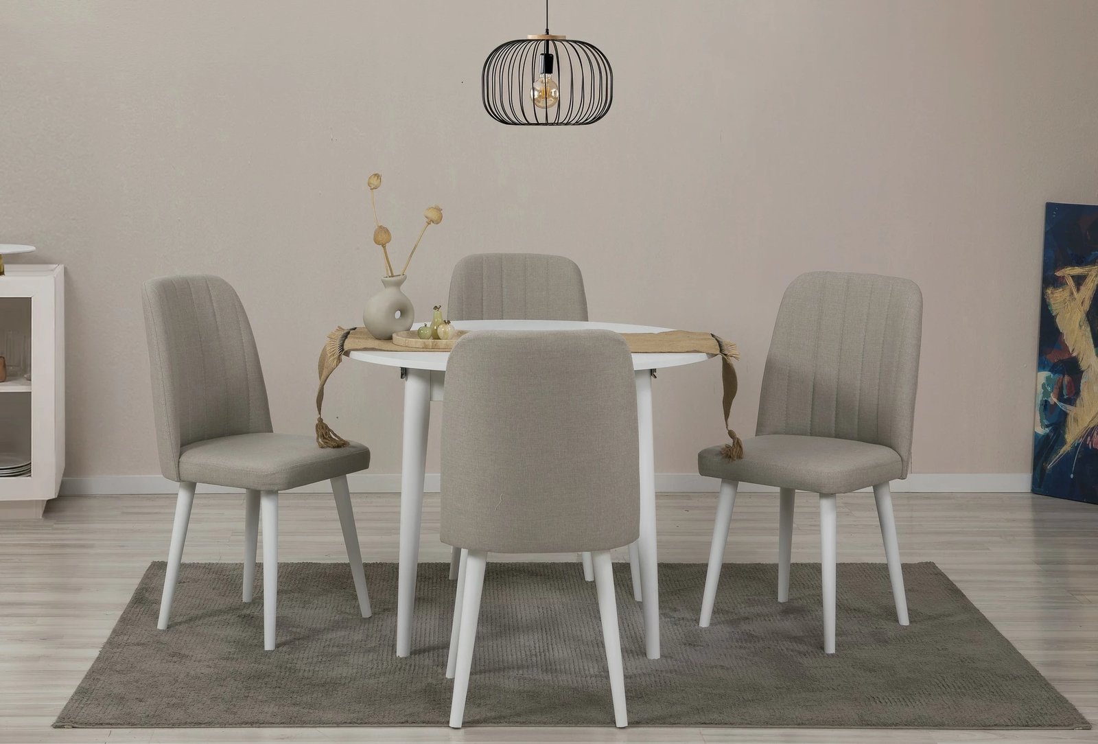 Tavolinë me karrige, zgjatshme, 5 copë, Skye Decor, Vina 1005 5, e bardhë, krem