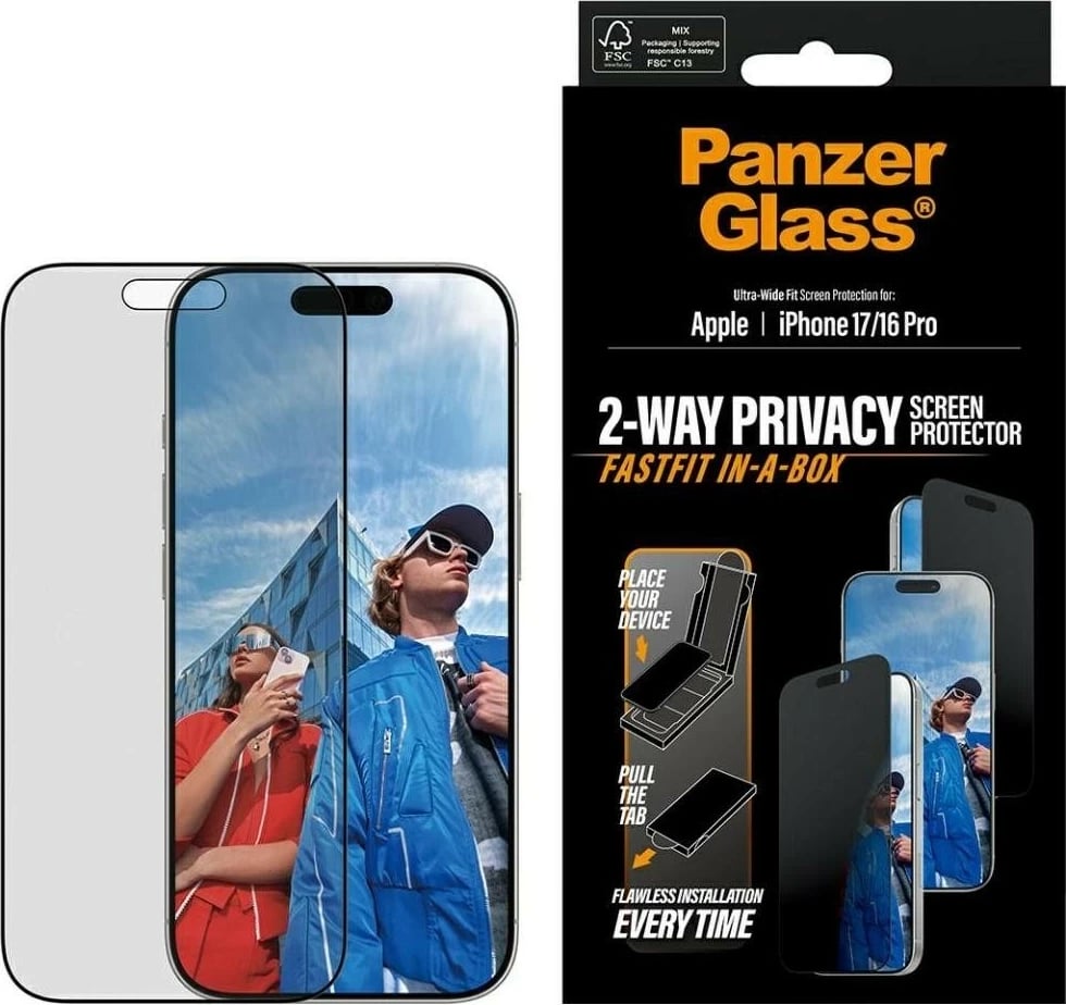 Mbështjellës xhami privatësie PanzerGlass Ultra-Wide Fit Fastfit për iPhone 16 Pro/17, zi