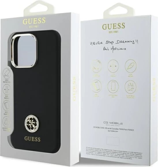 Mbështjellës Guess Silicone Logo Strass 4G për iPhone 16 Pro, i zi