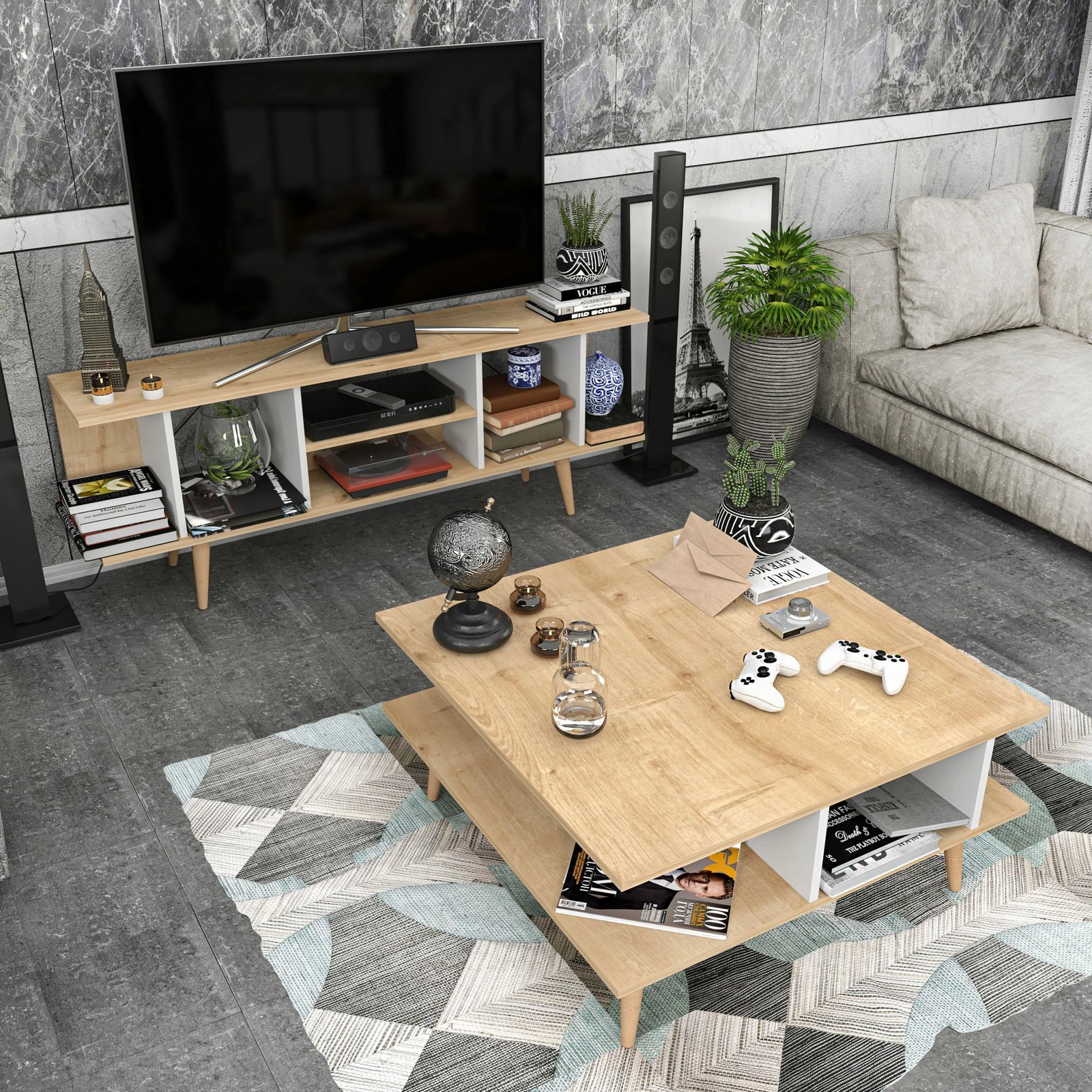 Tavolinë e ulët Hanah Home, Akya, ngjyrë lis dhe e bardhë