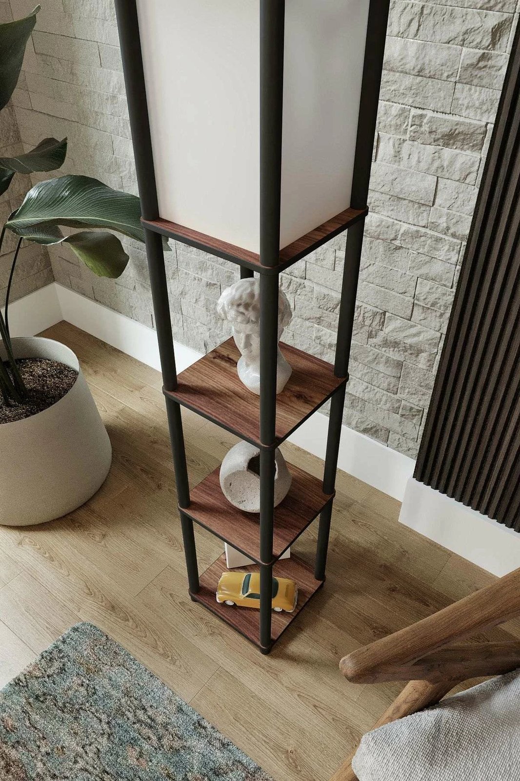 Llambë dyshemeje Opviq, raft me ndriçim, ngjyrë arre, TierShelfLampz2