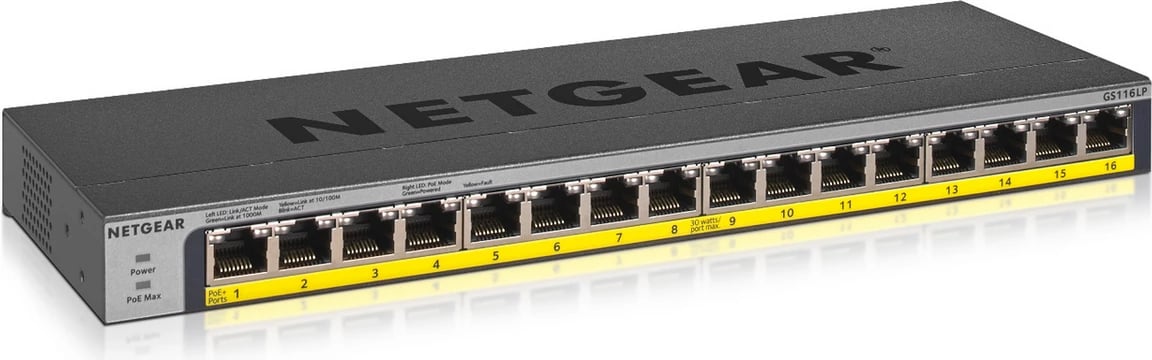 Switch, Netgear, GS116LP-100EUS, 16 porte Gigabit, PoE+ 76W, pa menaxhim, metal, e zezë