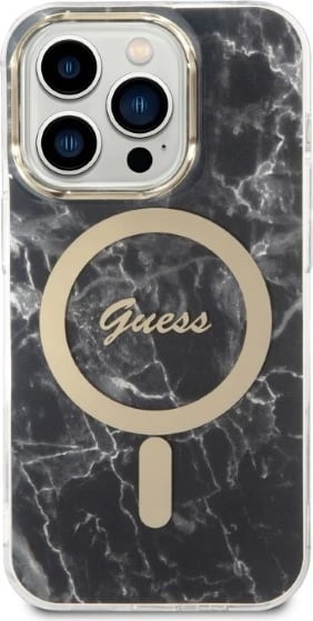Set mbështjellës Guess Marble Collection me karikues wireless MagSafe për iPhone 14 Pro Max, 6.7", zi/artë