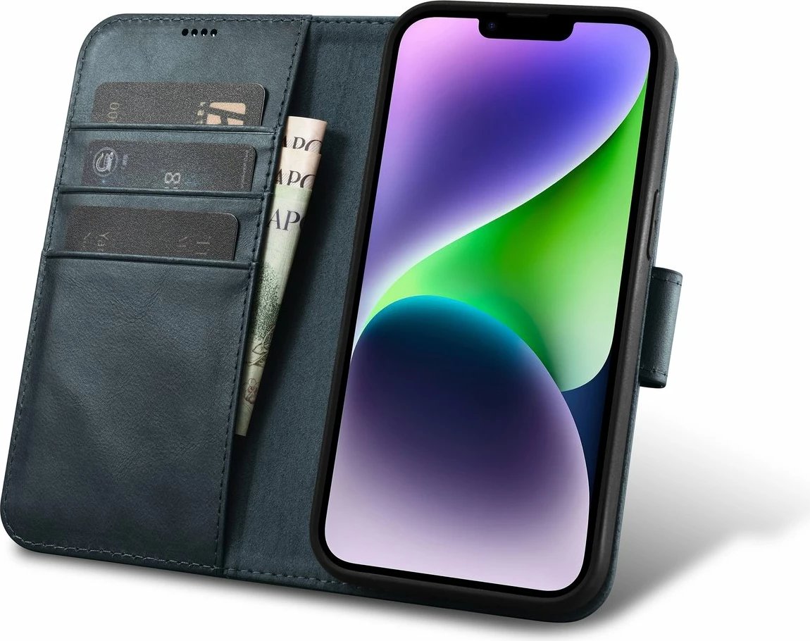 Mbështjellës iCarer Oil Wax Wallet 2in1 për iPhone 14 Plus, lëkurë, Anti-RFID, Blu