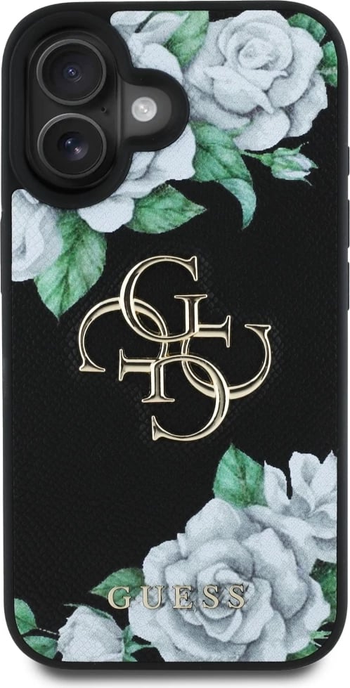 Mbështjellës Guess Grained Roses Big 4G logo për iPhone 16, i zi Mbështjellës Guess Grained Roses Big 4G logo për iPhone 16, i zi