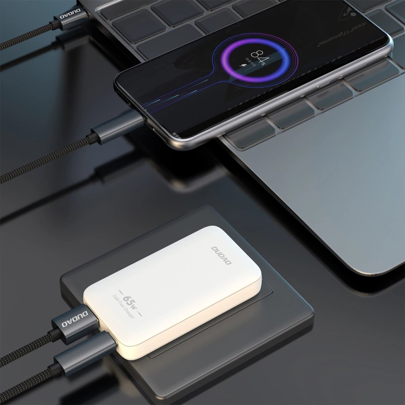 Karikues muri Dudao A65Q, 65W, GaN, USB-C/USB-A, i bardhë