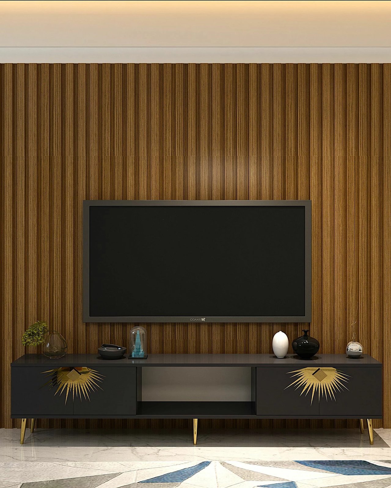 Komodë TV Skye Decor, ngjyrë antracit, detaje ari