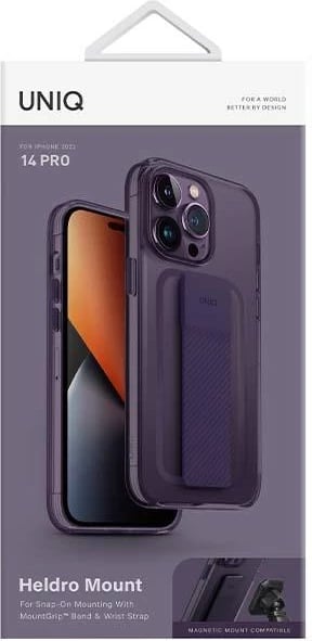 Mbështjellës UNIQ Heldro Mount për iPhone 14 Pro, me rrip FlexGrip, kapak kamere, vjollcë