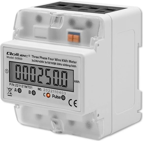 Matës trefazor i energjisë Qoltec 50900, LCD, montim në shinë DIN, Gri