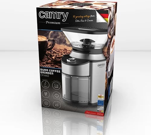 Mulli kafeje me burr konik, Camry CR 4443, 200 W, 16 nivele bluarjeje, kontejner 230 g, çelik inox, argjend/zi Mulli kafeje me burr konik, Camry CR 4443, 200 W, 16 nivele bluarjeje, kontejner 230 g, çelik inox, argjend/zi