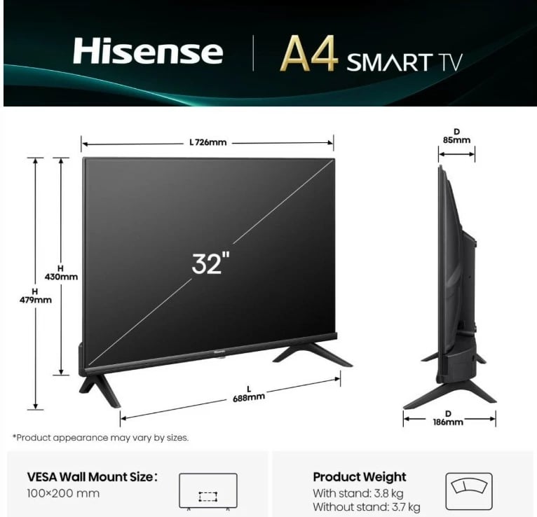 Televizor LED Smart Hisense 32A4Q 32" HD Ready HDR10 Wi‑Fi DVB‑T2/S2/C 60 Hz