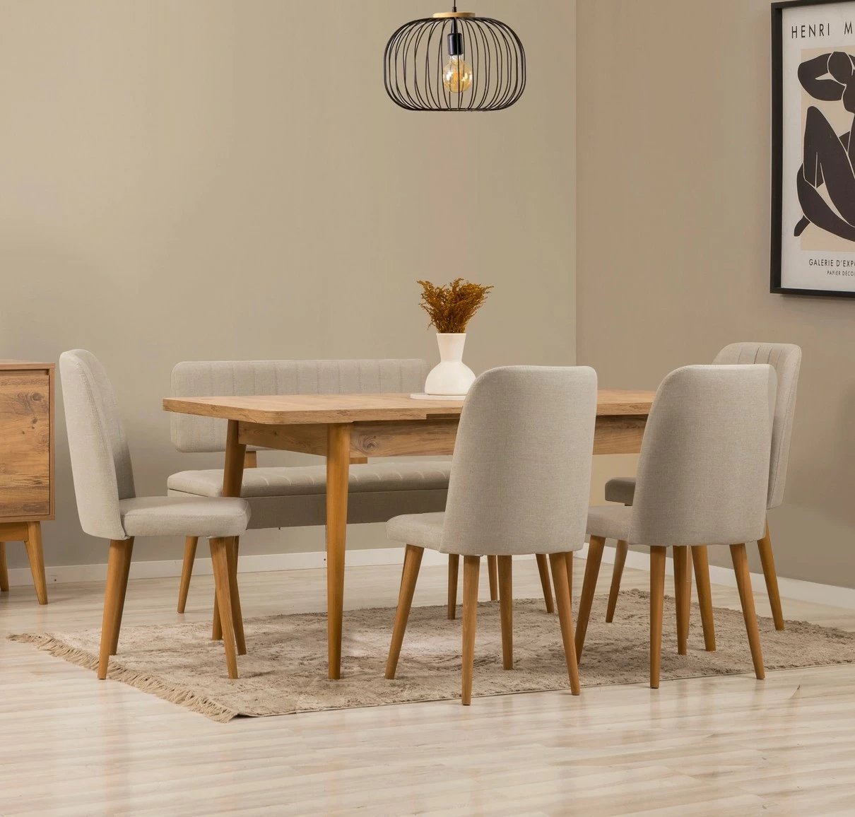 Set tavolinë me karrige për ngrënie, zgjatshëm, 6 copë, Hanah Home, Vina - ngjyrë pishë Atlantike, krem