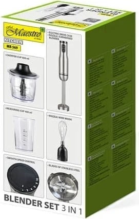 Blender dore Maestro MR-569, 1000W, 0.8L, argjendtë, set 3-në-1