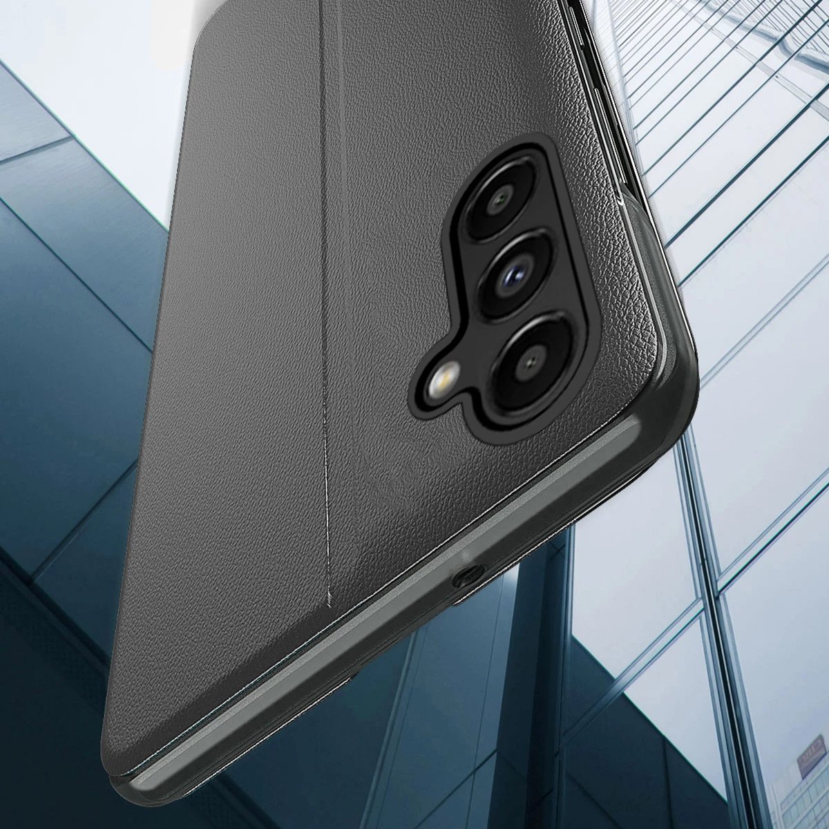 Mbështjellës Hurtel Eco Leather View Case për Samsung Galaxy A14, me kapak dhe qëndrim, i zi