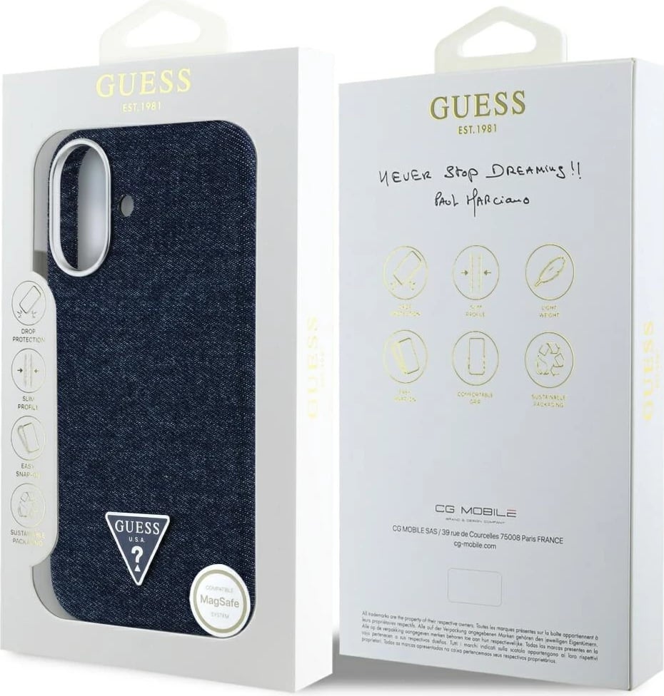 Mbështjellës Guess Denim Triangle Logo MagSafe për iPhone 16, Kaltër