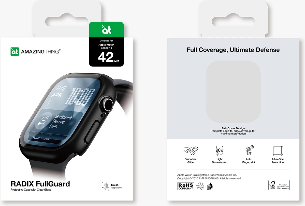 Mbrojtës ekrani xhami 9H me kasë, AmazingThing Radix FullGuard, për Apple Watch Series 11 42 mm, e zezë