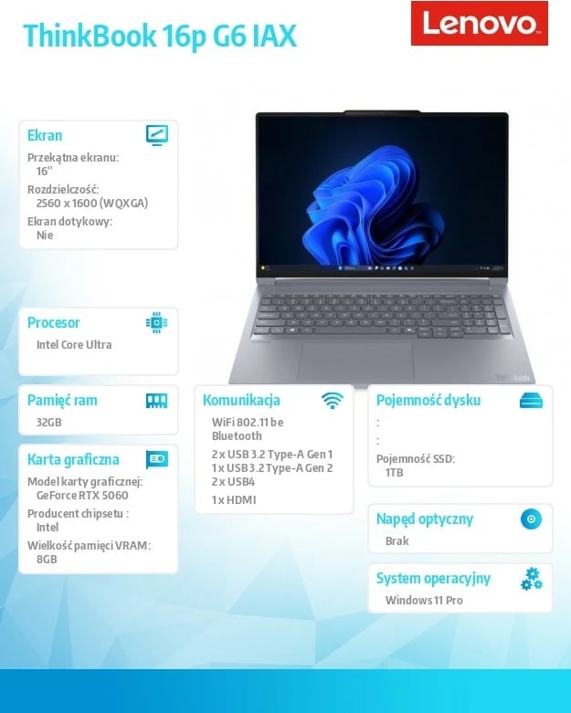 Laptop Lenovo ThinkBook 16p G6, 16", Intel Core Ultra 7 255HX, 32 GB RAM, 1 TB SSD, RTX 5060, Gri Laptop Lenovo ThinkBook 16p G6, 16", Intel Core Ultra 7 255HX, 32 GB RAM, 1 TB SSD, RTX 5060, Gri