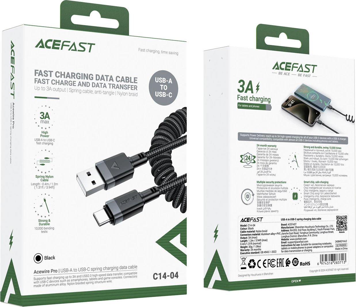 Kabllo Acefast C14-04 USB-A në USB-C, 1.2m, 3A, e zezë