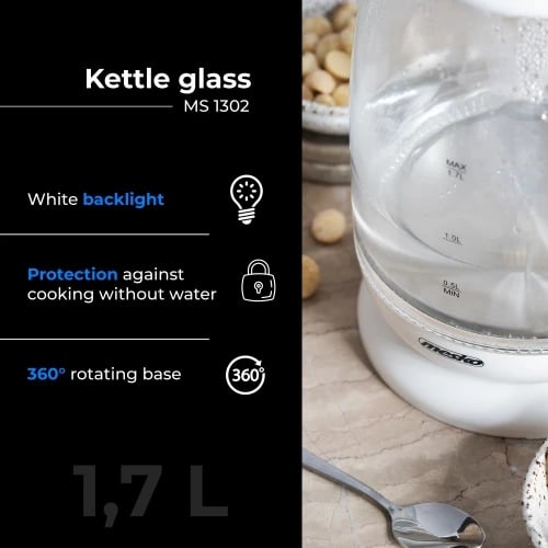 Zierëse elektrike, Mesko, MS 1302, 1.7 L xham, 1850-2200W, bazë 360°, ndriçim LED, e bardhë