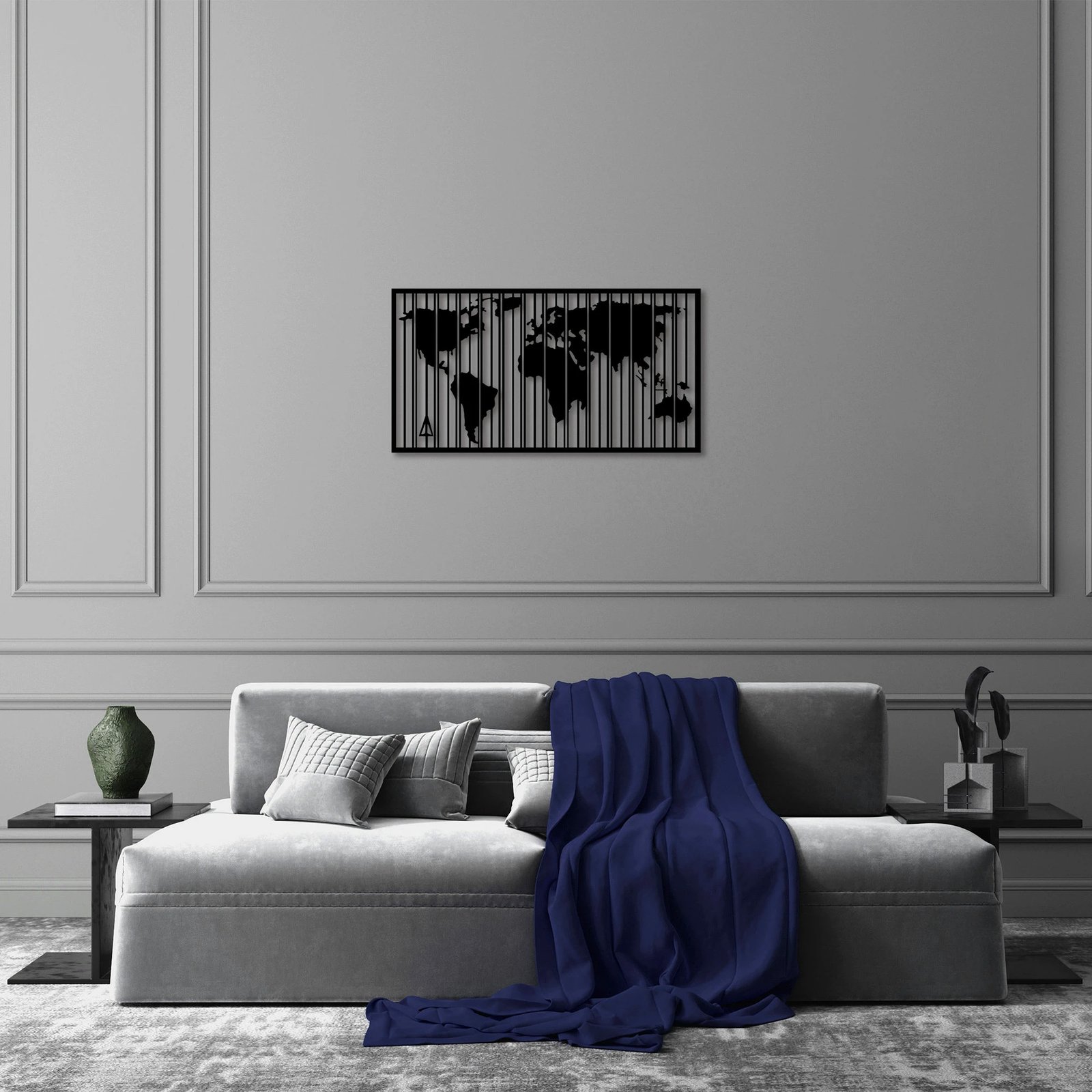 Aksesor dekorativ muri prej metali, hartë bote, Wallity, 37x70cm, e zezë