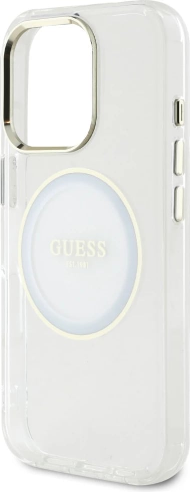 Mbështjellës Guess IML Metal Colored Circle Classic Logo MagSafe për iPhone 16 Pro, Bardhë