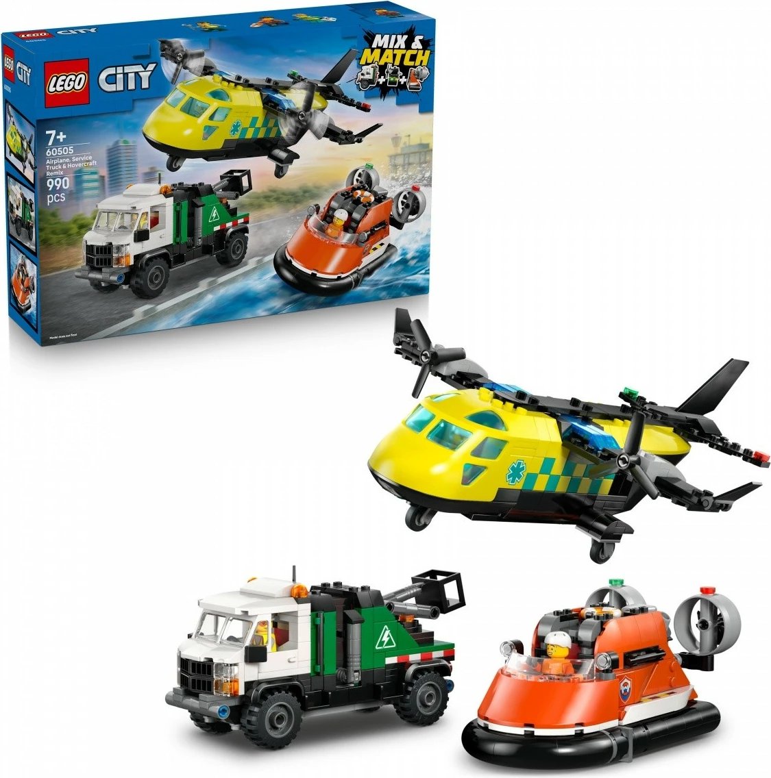 Set blloqe LEGO City 60505 avion, kamion shërbimi me vinç dhe hovercraft, 990 pjesë