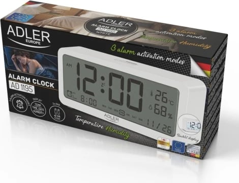 Orë alarmi, Adler, AD 1195, ekran me ndriçim, 3 alarme, shfaq kohë/datë/temperaturë/lagështi, me bateri 2xAA, bardhë