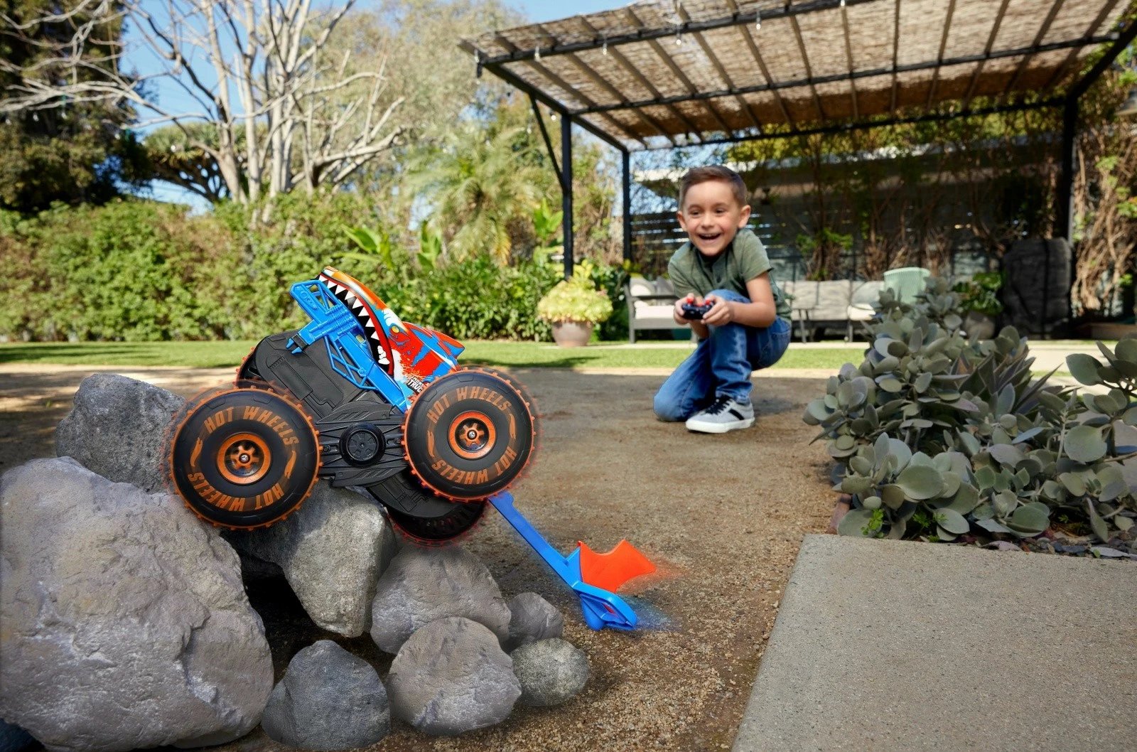 Makine me telekomandë RC, Hot Wheels Tiger Shark Climber JFR39, shkallë 1:15, bateri e integruar, blu/portokalli