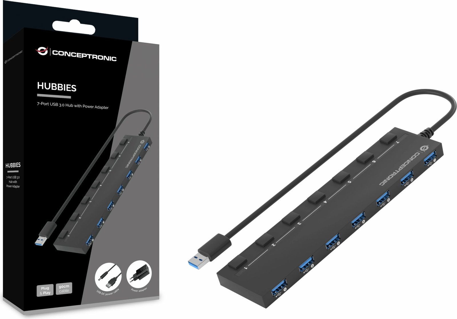 USB hub Conceptronic 7 porta USB 3.0/3.2 Gen1, me furnizim rryme, i zi