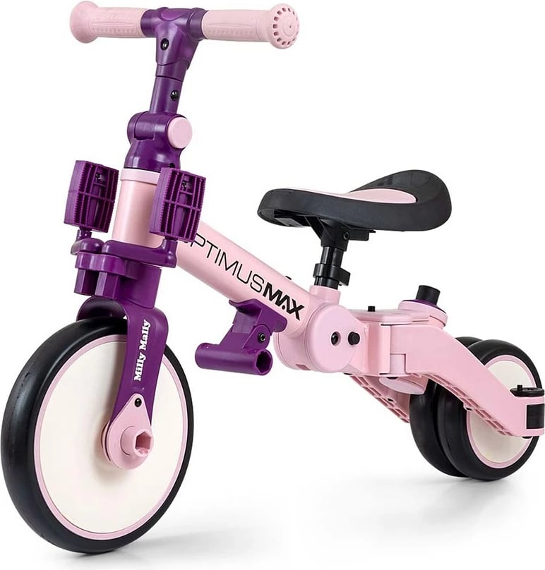 Tricikël 5‑në‑1 me dorezë prindërore, Milly Mally Optimus Max, rrota shkumë, kornizë çeliku, palosshëm, 12M+, ngarkesë 25 kg, rozë