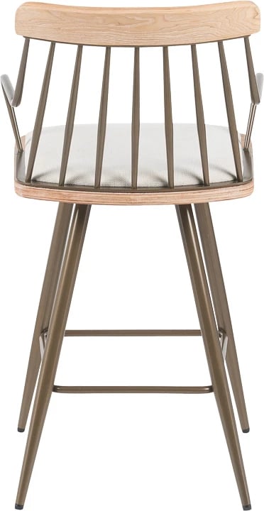 Karrige për bar Posse, metal bronzi, dru ngjyrë white wash, stof bezhë, 48x54x92.5cm