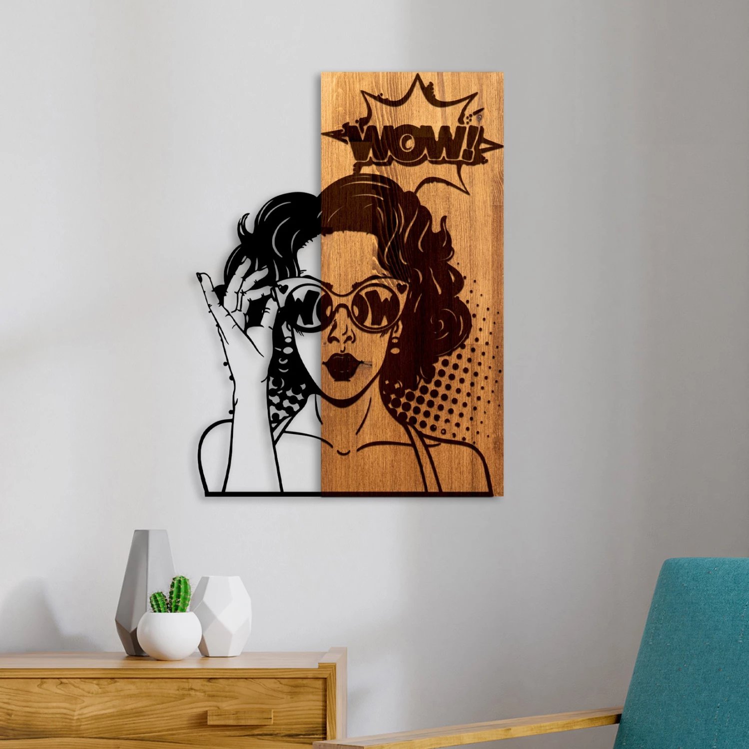 Dekor muri figurë gruaje, metal i zi, dru natyral, FH4758, 42x3x58cm